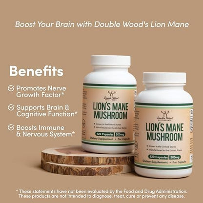 Lions Mane Supplement Mushroom Capsules (Two Month Supply - 120 Count) for Brain Double Wood SupplementsUS supplements