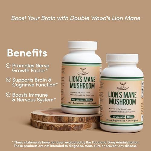 Lions Mane Supplement Mushroom Capsules (Two Month Supply - 120 Count) for Brain Double Wood SupplementsUS supplements