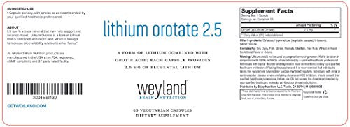 Lithium Orotate 2.5mg (1 Bottle), 60 Vegetarian Capsules, Lithium Supple Weyland Brain NutritionUS supplements
