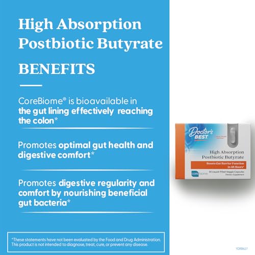 Doctor's BEST High Absorption Postbiotic Butyrate Featuring Corebiome, Gut & Immune Health, Non-GMO, Gluten Free, Soy Free, Vegan, 30 Liquid Veggie Caps Doctor's BESTAu supplements