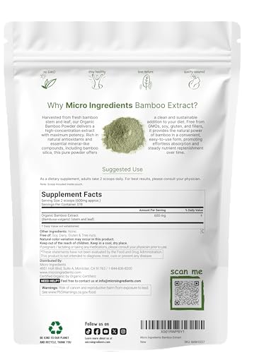 Micro Ingredients Organic Bamboo Extract Powder, 8oz (378 Servings) | Bamboo Plant Silica & Mineral Supplements | Natural Stem & Leaf Extract | Non-GMO, Gluten Free, Vegan Friendly Micro IngredientsAu supplements