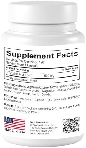 Dr.WellMe L-Tyrosine 500mg Capsules, Dietary supplements-120 Capsules DR WELLME NUTRITIONAu supplements