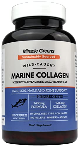 Marine Collagen 1400mg | 120 Capsules with Biotin, Hyaluronic Acid, Vitamin C, E, B2, Zinc, Copper & Iodine Miracle GreensUS supplements