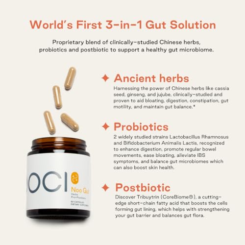 NOOCI NOO Gut, Gut + Skin: 3-in-1 Gut Health Supplement with Herbs, Probiotic & Postbiotic, Digestive Support for Bloating & Constipation, 60 Vegan Capsules NOOCIAu supplements