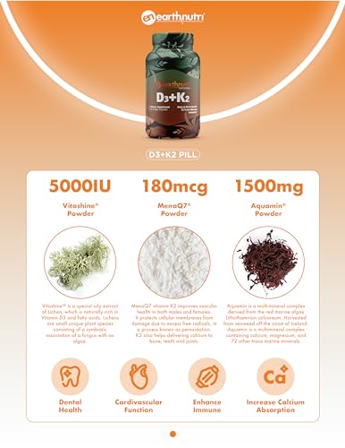 EarthNutri D3 + K2 Bone & Heart Health - 72 Trace Minerals, Vitamin D3 Vitashine, MENA EarthNutriUS supplements