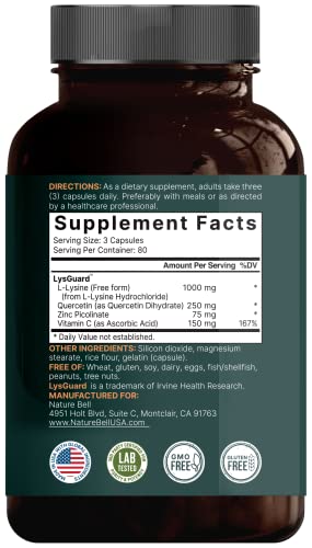 NatureBell L-Lysine 1000mg + Quercetin 250mg Supplement, 240 Capsules, Free Form NatureBellAu supplements
