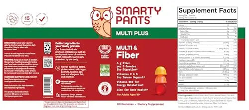 SmartyPants Fiber Supplement & Multivitamin for Men & Women - Improved Formula: Prebiotic Fiber Gummies with Omega 3 (DHA/EPA), Vitamin D3, C, Vitamin B12, B6, A, K & Zinc, 90 Count (30 Day Supply) SmartyPantsAu supplements