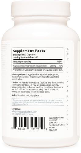 Type Zero Magnesium Glycinate (210mg | 180 Capsules) Pure, Non-GMO, Gluten Free Type ZeroUS supplements