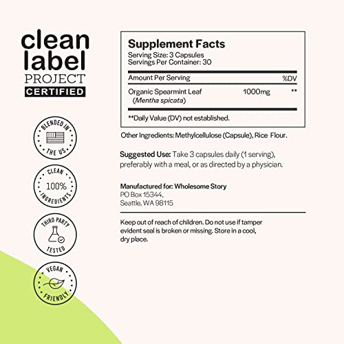 Organic Spearmint Capsules | Great Alternative to Spearmint Tea | 1000mg Spearmint Leaf Wholesome StoryUS supplements