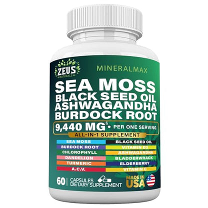 Sea Moss Capsules with Black Seed Oil, Burdock Root, Bladderwrack, Turmeric, Ashwagan Zeus NaturalsUS supplements
