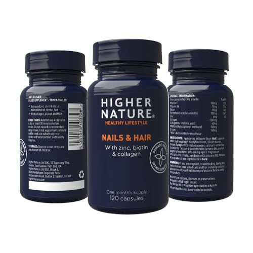 Higher Nature - Nails & Hair - Contains Zinc, Biotin & Collagen - Supports Beautiful Skin - 120 Capsules HIGHER NATUREUS supplements