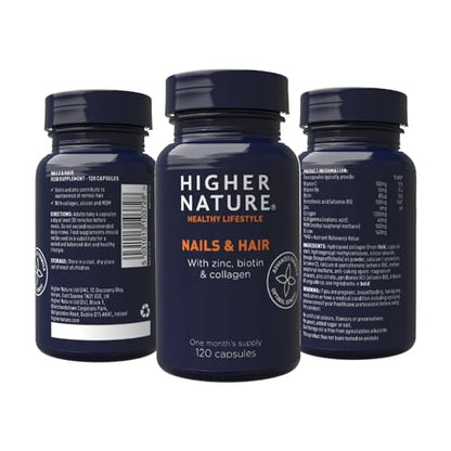 Higher Nature - Nails & Hair - Contains Zinc, Biotin & Collagen - Supports Beautiful Skin - 120 Capsules HIGHER NATUREUS supplements