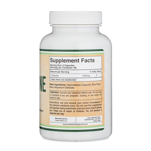 L-Tyrosine 1,000mg per Serving, 120 Veggie Capsules (L Tyrosine Supplement for Memory Double Wood SupplementsUS supplements