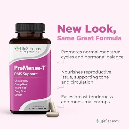 LifeSeasons - PreMense-T - PMS Relief Supplement - Support for Pre-Menstrual Symptoms, Cramping & Breast Tenderness - Nourish Tissue - Ginger Crampbark Dong Quai Chasteberry & Vitamin B6-60 Capsules LifeSeasonsAu supplements
