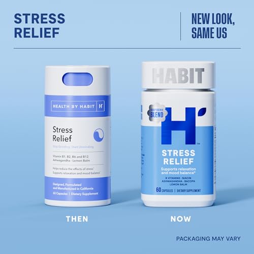 Habit Stress Relief Supplement (60 Capsules) - New Look, Supports Relaxation & Mood Balance, Vitamin B, Adaptogens, Lemon Balm, Calming, Vegan, Non-GMO (1 Pack) H' HabitAu supplements
