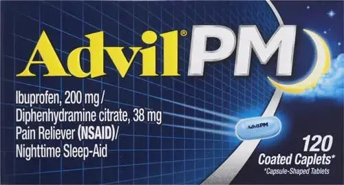 Advil PM Pain Reliever and Nighttime Sleep Aid, Pain Medicine with Ibuprofen for Pain Relief and Diphenhydramine Citrate for A Sleep Aid - 120 Coated Caplets (Pack of 2) AdvilAu supplements