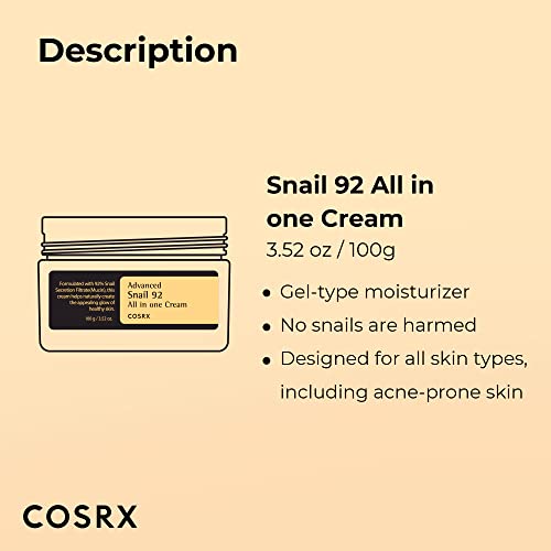 COSRX Snail Mucin 92% Moisturizer 3.52oz/ 100g, Daily Repair Face Gel COSRXUS supplements