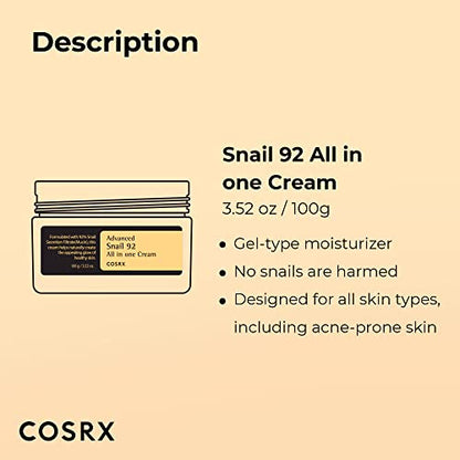 COSRX Snail Mucin 92% Moisturizer 3.52oz/ 100g, Daily Repair Face Gel COSRXUS supplements