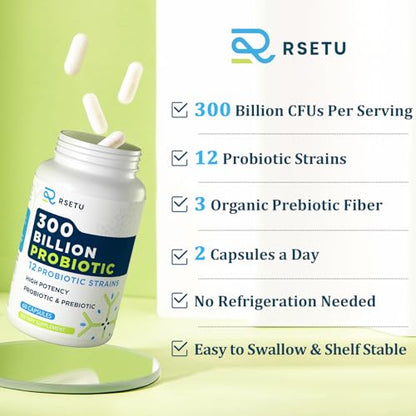 Probiotics for Women Men: 300 Billion CFU Probiotic High Potency + 12 Strains Organic RSETUUS supplements