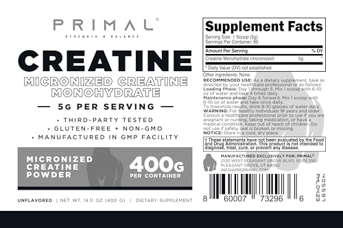 Primal Creatine Monohydrate Powder (400 Grams) | Unflavored Micronized Creatine PrimalUS supplements