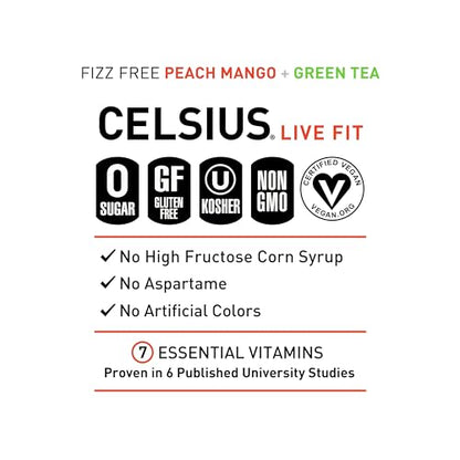 CELSIUS Peach Mango Green Tea, Functional Essential Energy Drink 12 Fl Oz (Pack of 12) CELSIUSUS supplements
