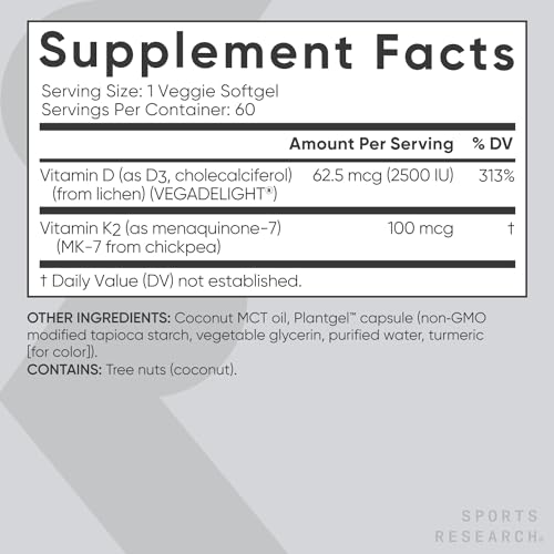 Sports Research Vitamin D3 K2 with Coconut MCT Oil | Vegan D3 2500iu (62.5mcg) Sports ResearchUS supplements
