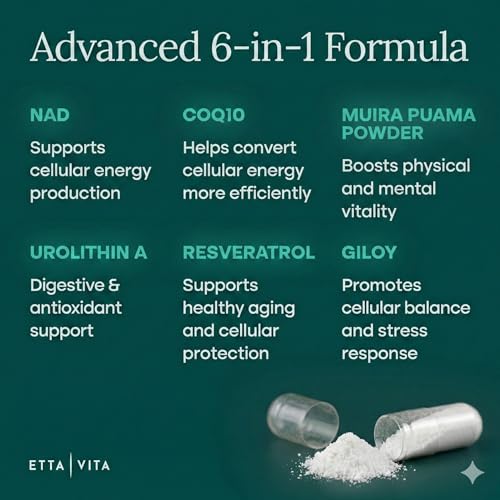 Liposomal NAD+ Supplement - Resveratrol, Urolithin A, CoQ10 & Muira Puama (Made in USA) NAD Supplement for Natural Energy, Brain Fog, Digestion, Detox, Gut Health, Microbiome, NR NMN Replacement Etta VitaAu supplements