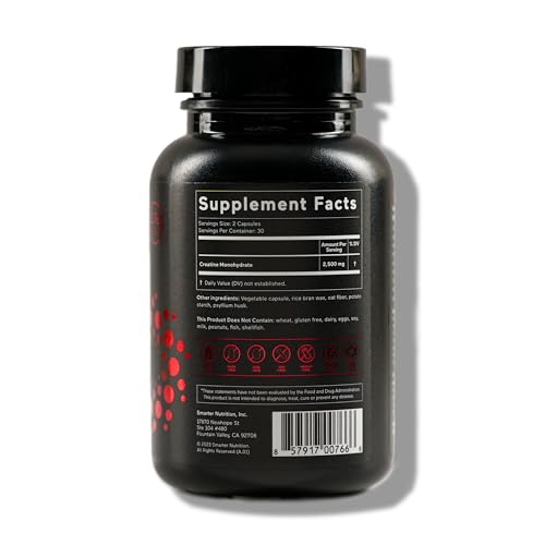SMARTERNUTRITION Creatine Monohydrate Pills with 2500mg (2.5g) Per Serving, Vegan Capsules - Pre & Post Workout Recovery Support, Promotes Muscle Mass &. Endurance - 60 Count[30-Day Supply] SMARTERNUTRITIONAu supplements
