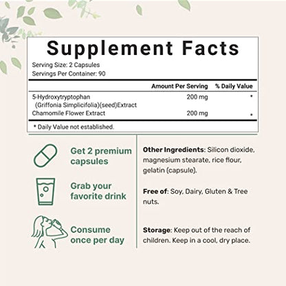 Micro Ingredients 5-HTP 200mg with Chamomile Flower Extract, 180 Capsules, 2 in 1 Formula Micro IngredientsUS supplements