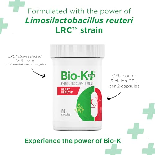 Bio-K+ Probiotics for Heart Health with Limosilactobacillus reuteri LRC – Heart Health Probiotic for Cholesterol & Cardiovascular Support, 5 Billion CFU, Vegan, Shelf-Stable – 60 Capsules Bio-K PlusAu supplements