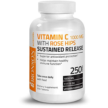 Bronson Vitamin C 1000 mg with Rose Hips Sustained Release, 250 Tablets BronsonUS supplements
