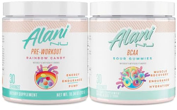 Alani Nu Rainbow Candy Pre Workout and BCAA Sour Gummies Post Workout Powder Alani NuAu supplements