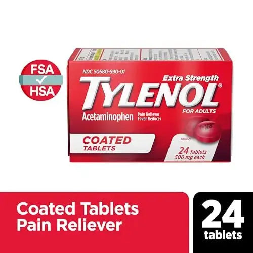 Tylenol Extra Strength Pain Reliever & Fever Reducer, Round Coated Tablets, 500 mg Acetaminophen Pain Relief Pills for Headache, Toothache & Minor Arthritis Pain, 24 ct TylenolAu supplements
