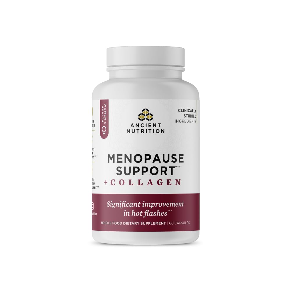 Ancient Nutrition Menopause Support + Collagen Supplement, Hydrolyzed Collagen Peptides, Key Clinically Validated Superfoods, Significant Improvement in Hot Flashes and Sleep Quality, 60 Capsules Ancient NutritionAu supplements