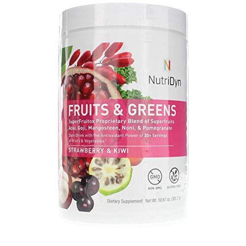 NutriDyn Fruits & Greens Strawberry/Kiwi Flavor *Certified Organic* w/ Acai, Gogi, Mangosteen, Noni & Pomegranate Super Fruits 300 Grams (Strawberry Kiki) Nutri-DynAu supplements