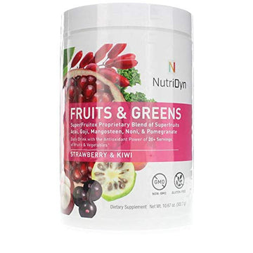 NutriDyn Fruits & Greens Strawberry/Kiwi Flavor *Certified Organic* w/ Acai, Gogi, Mangosteen, Noni & Pomegranate Super Fruits 300 Grams (Strawberry Kiki) Nutri-DynAu supplements