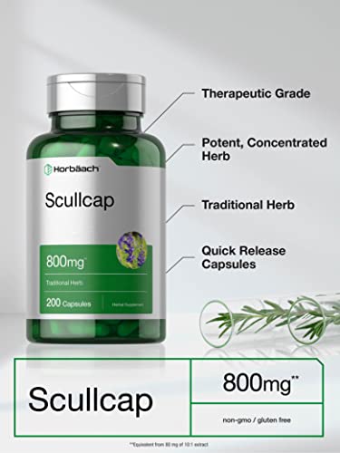 Scullcap Capsules | 800 mg | 200 Count | Max Potency, Value Size | Non-GMO and Gluten HorbäachUS supplements