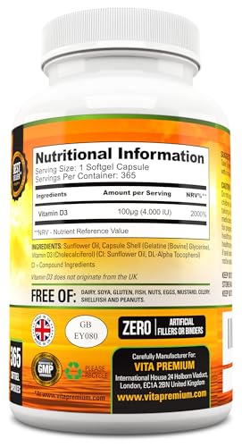 Vitamin D 4,000 IU Softgels, Maximum Strength Vitamin D3 Supplement, 365 Easy to Swallo Vita PremiumUS supplements