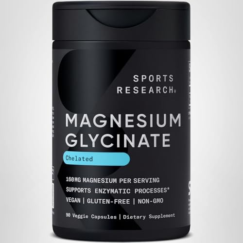 Sports Research® Magnesium Glycinate - Supports Restful Sleep & Enzymatic Processes - 160 mg Chelated Magnesium - Vegan Capsule - 90 Count Sports ResearchAu supplements