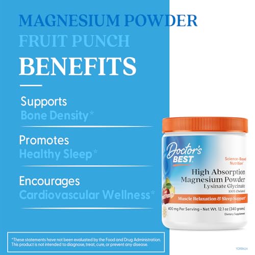 Doctors Best High Absorption Magnesium Powder Lysinate Glycinate 100% Chelated, Muscle Relaxation & Sleep Support, Gluten Free, Vegan, 100% Chelated Net Wt. 12.1 oz (340 Grams), Fruit Punch Flavor Doctor's BESTAu supplements