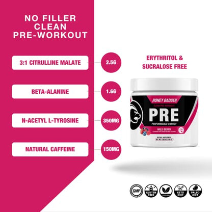 Honey Badger Pre Workout Powder, Keto Vegan Preworkout for Men & Women with Vitamin C Honey BadgerUS supplements