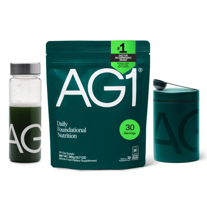 AG1 Greens Powder Supplement Bundle w/Stainless Steel Storage Canister – Multivitamin, Probiotic & Superfood Blend | Gut Health & Daily Wellness Support | Includes Shaker & Scoop | Vegan, Gluten-Free AG1Au supplements