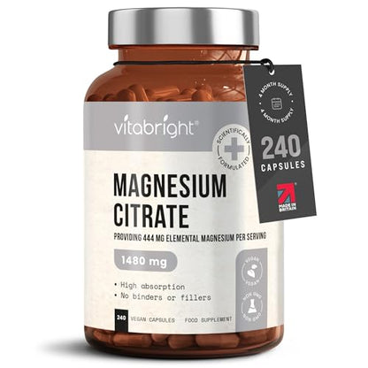 Magnesium Citrate - 1480mg High Strength - 240 Capsules (4 Month Supply) - Vegan VitaBrightUS supplements
