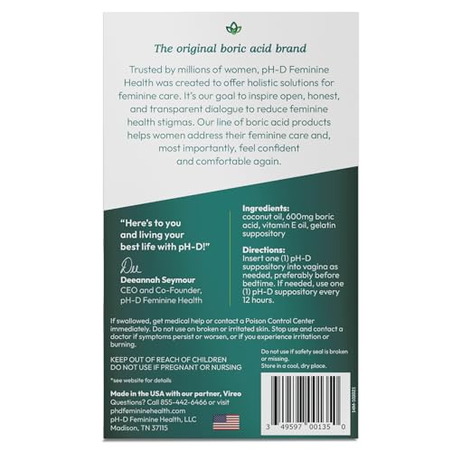 pH-D Feminine Health - Boric Acid Moisturizing Suppository - Woman Owned - for Vaginal Odor pH-D Feminine Health SupportAu supplements
