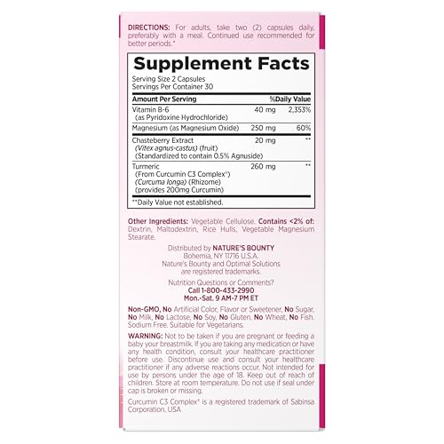 Nature’s Bounty Optimal Solutions Advanced PMS Relief for Menstrual Cycle Support, PMS Support Supplement for Women, Bloating Relief – Chasteberry, Hormone-Free, 60 Vegetarian Capsules Nature's BountyAu supplements