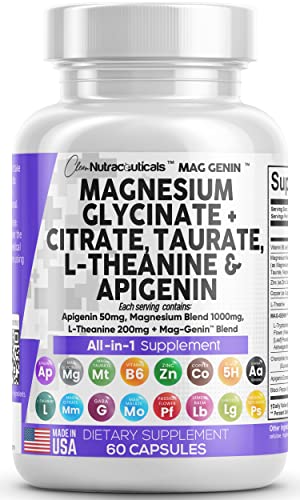 Magnesium Glycinate Complex 1000mg with L-Theanine 200mg Apigenin 50mg Citrate Taurate Supplement - 5-HTP GABA Passion Flower Lemon Balm L-Glycine Phosphatidylserine Ashwagandha - USA Made Clean Nutra Clean NutraceuticalsUS supplements
