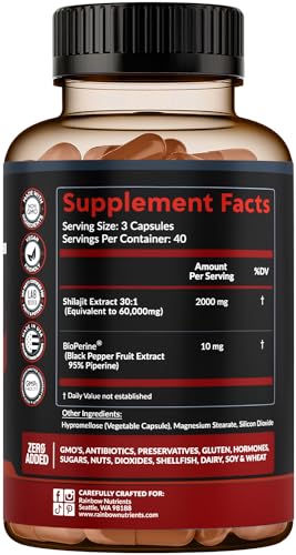 Pure Himalayan Shilajit Capsules Supplement (60,000mg+ Absorption Enhancer+50% Rainbow Nutrients, LLCUS supplements