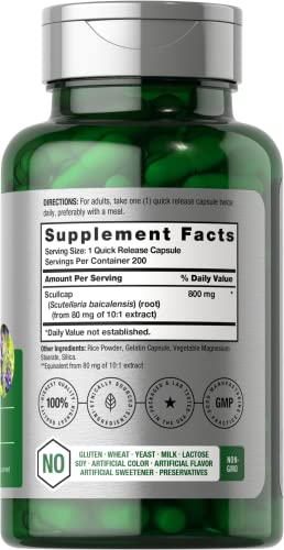 Scullcap Capsules | 800 mg | 200 Count | Max Potency, Value Size | Non-GMO and Gluten HorbäachUS supplements
