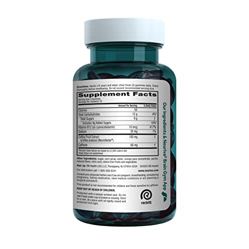 NEURIVA Brain + Energy Gummies, Nootropic Brain Supplements for Focus and Concentration with Neurofactor, Vitamin B12 & Caffeine for an Energy Boost*, 75ct Natural BlackBerry NEURIVAAu supplements