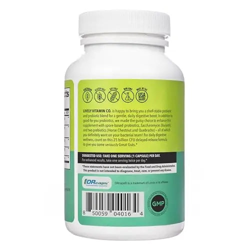 LIVELY VITAMIN CO. Great Guts Probiotic - 25 Billion CFU Probiotic - Balance Gut Microbiome, GI Tract, Inflammation, Indigestion, Reflux, Upset Stomach, & Diarrhea - 90 Caps LIVELY VITAMIN COnz supplements